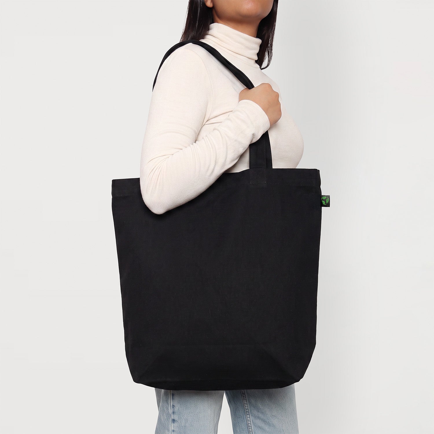 Model Carrying Ecobags Certified Organic Black Canvas Tote Bag ‘Good Grocer’