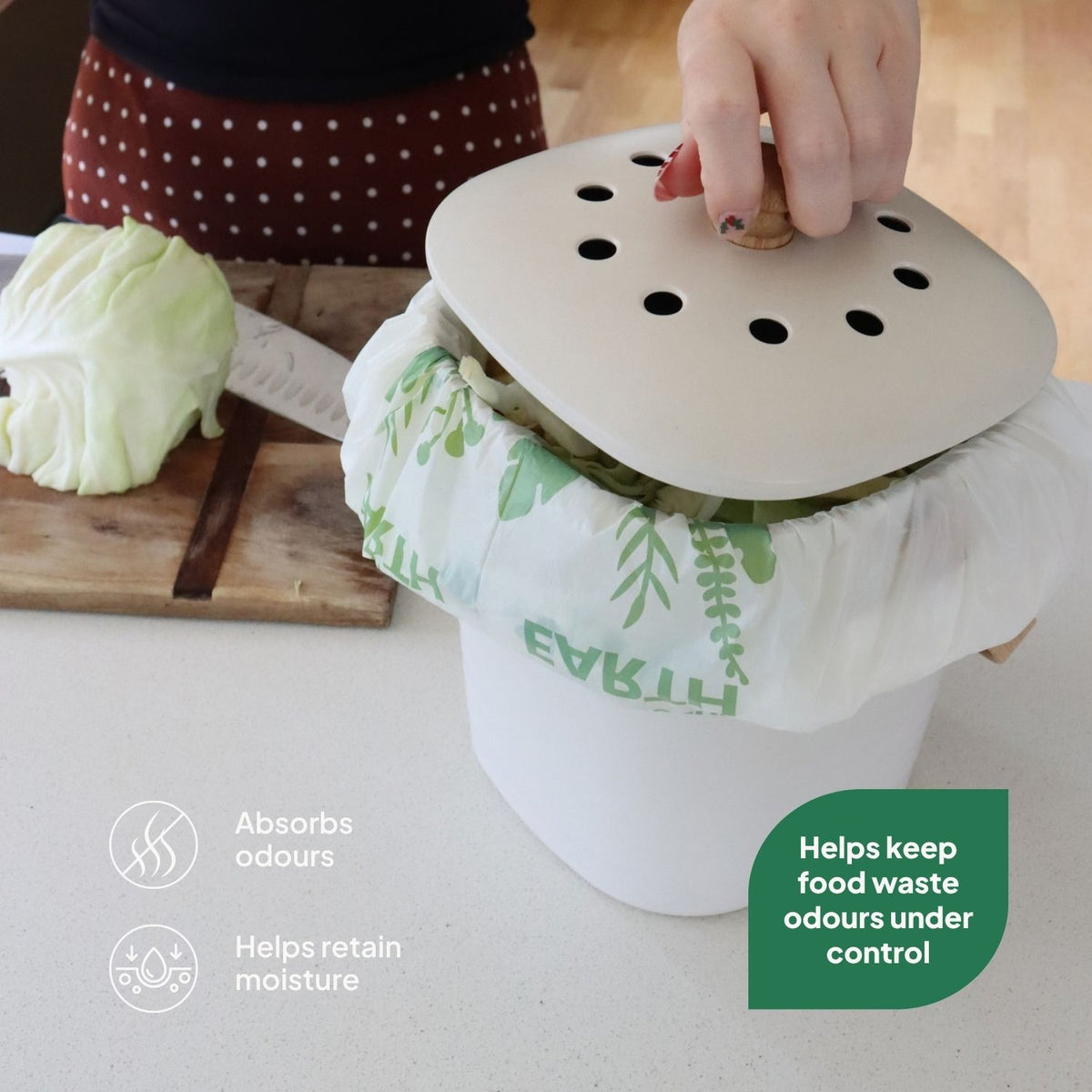 Ecopack compost bin with charcoal filter helping control food waste odours