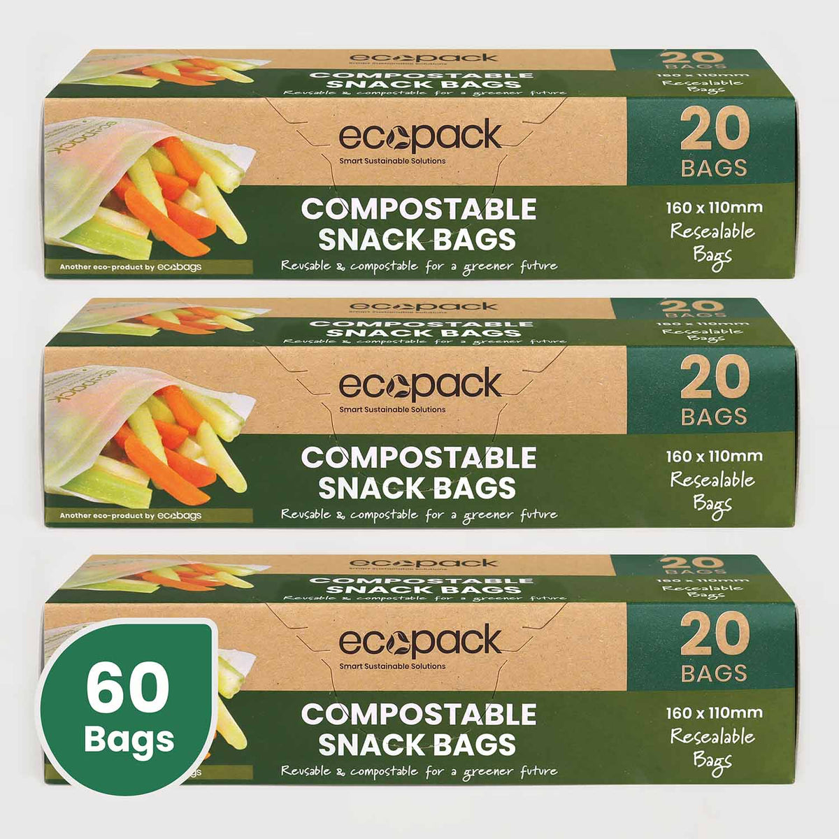 Ecopack compostable resealable snack bags 3 box bundle