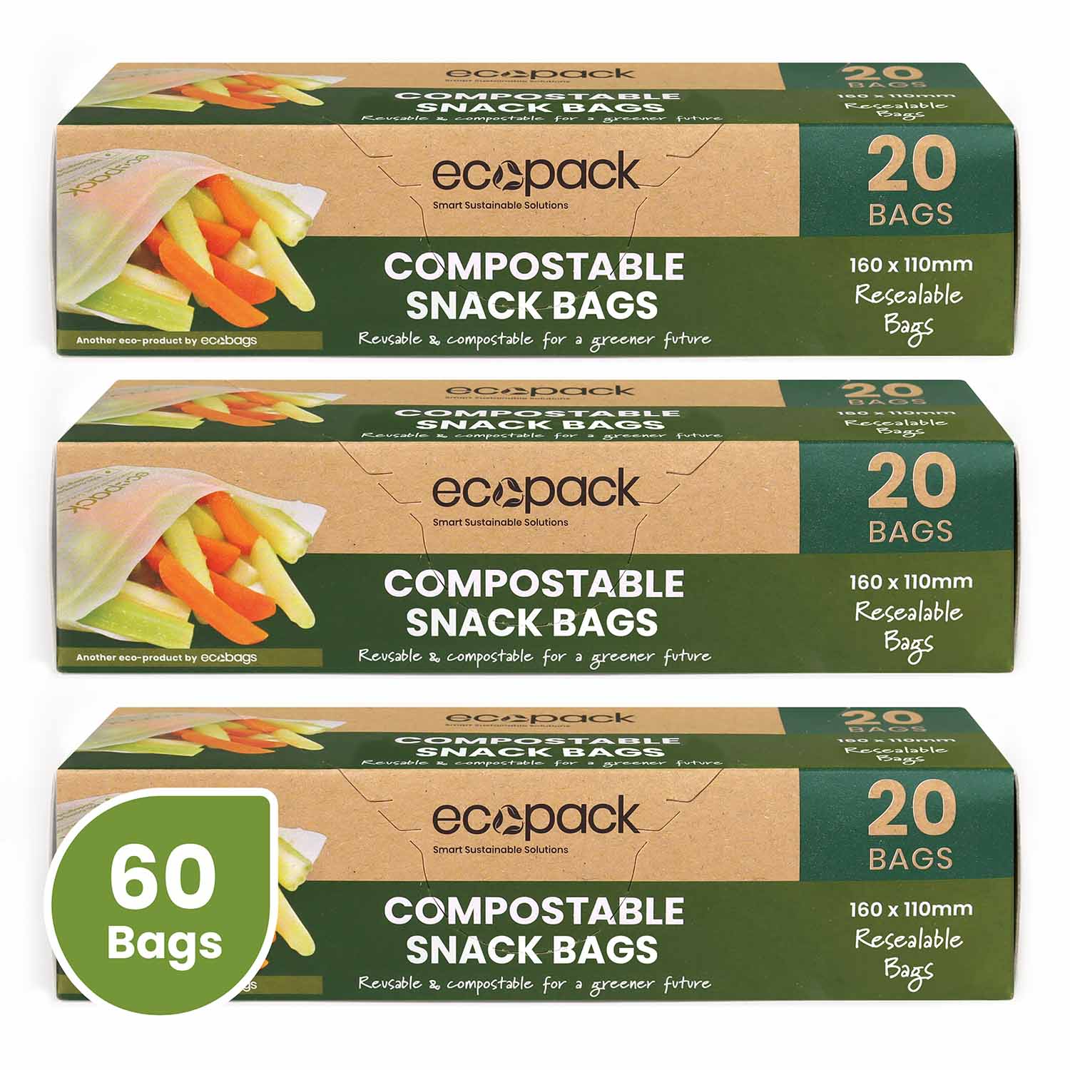 Ecopack Compostable Resealable Snack Bags 3 Boxes Bundle of 60 Bags
