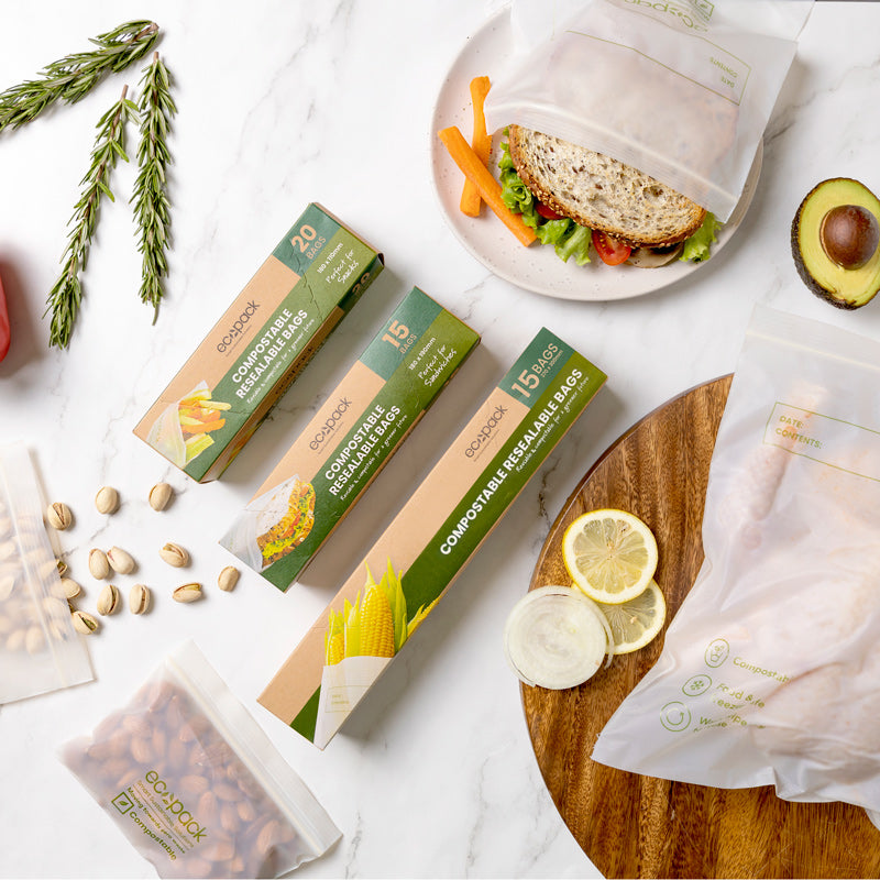 Ecopack compostable resealable bags bundle lifestyle shot