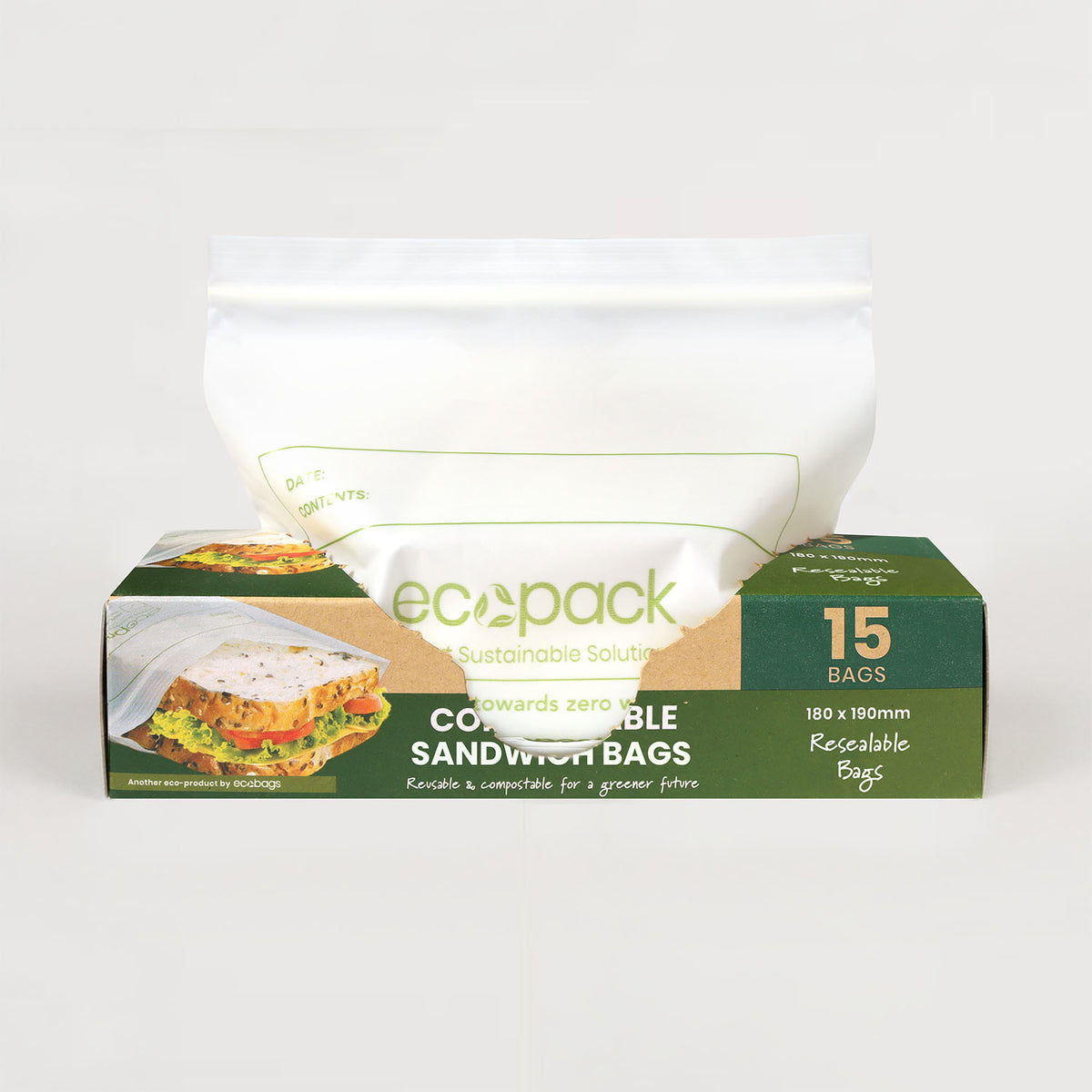 Ecopack compostable sandwich resealable bags open dispenser box