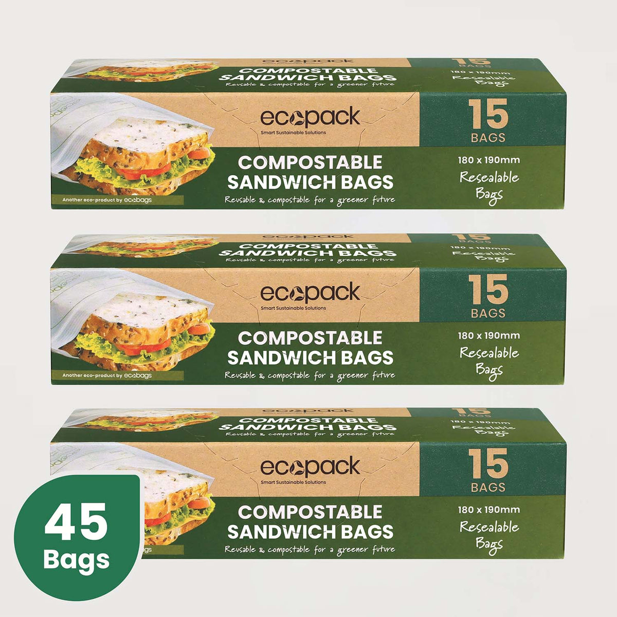 Ecopack compostable sandwich resealable bags 3 box bundle