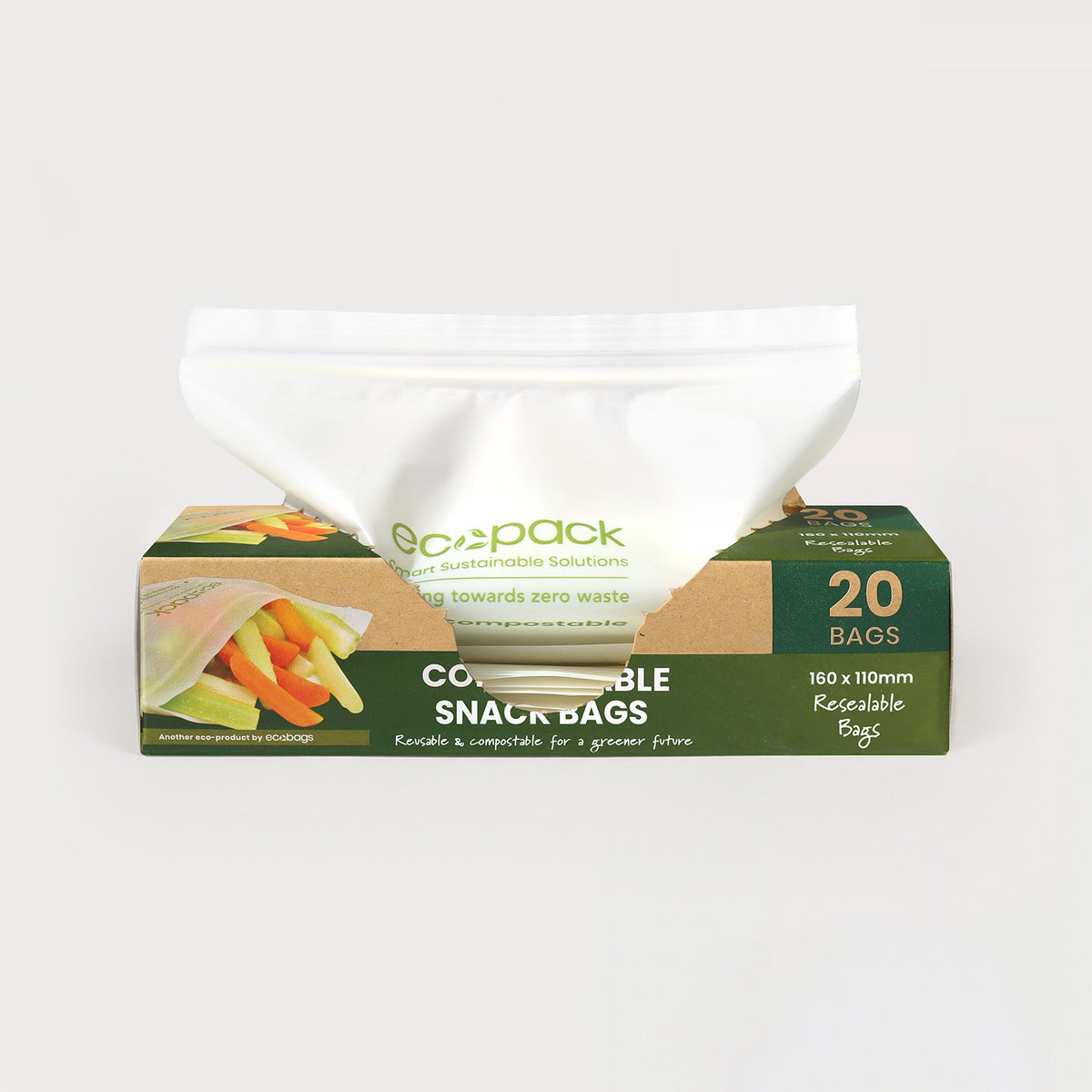 Ecopack compostable resealable snack bags open dispenser box