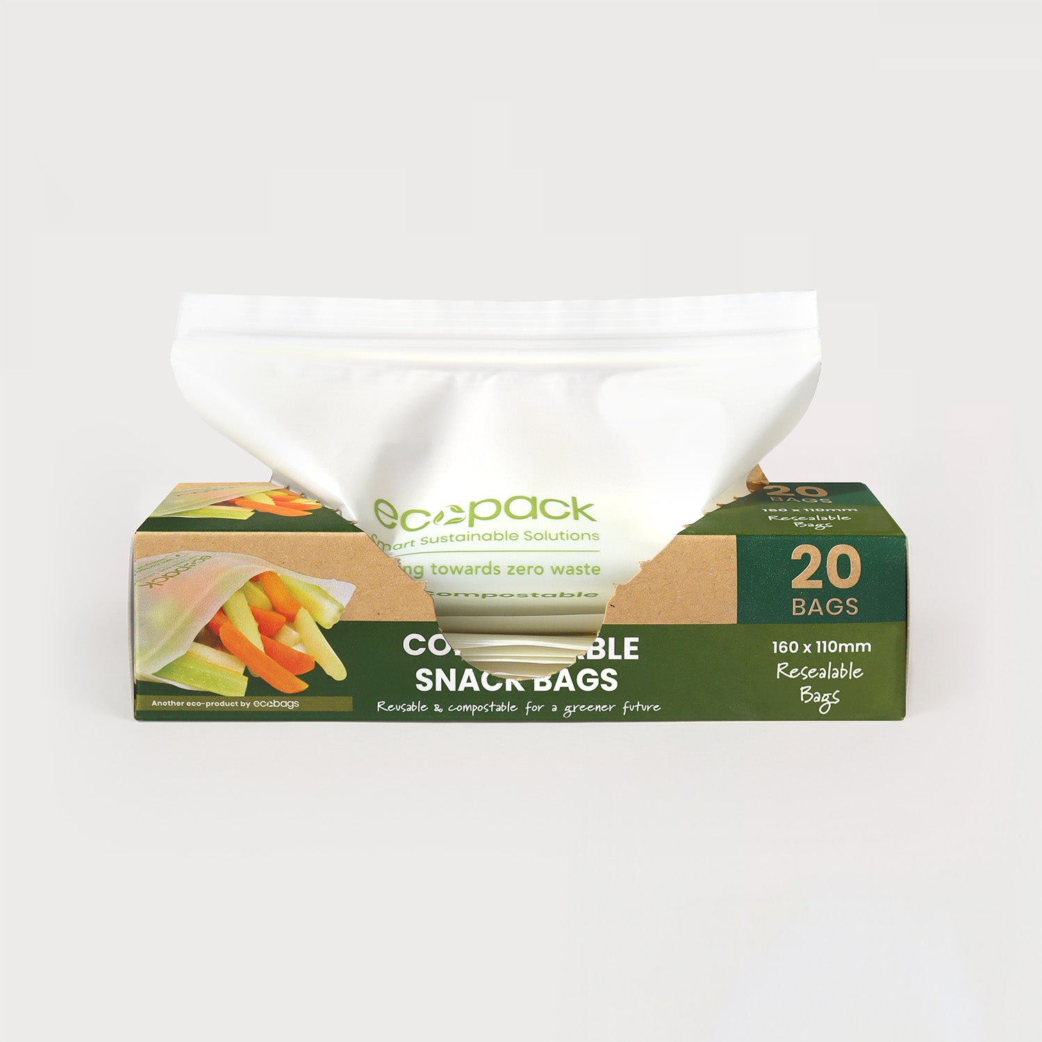 Ecopack compostable resealable snack bags open dispenser box