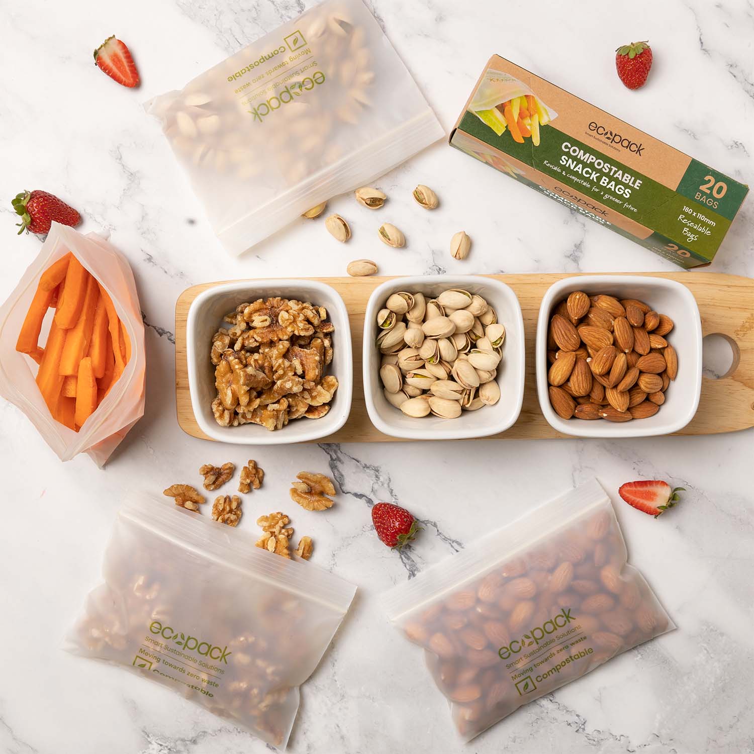 Ecopack Compostable Snack Resealable Snack Bags with Nuts in Bowls