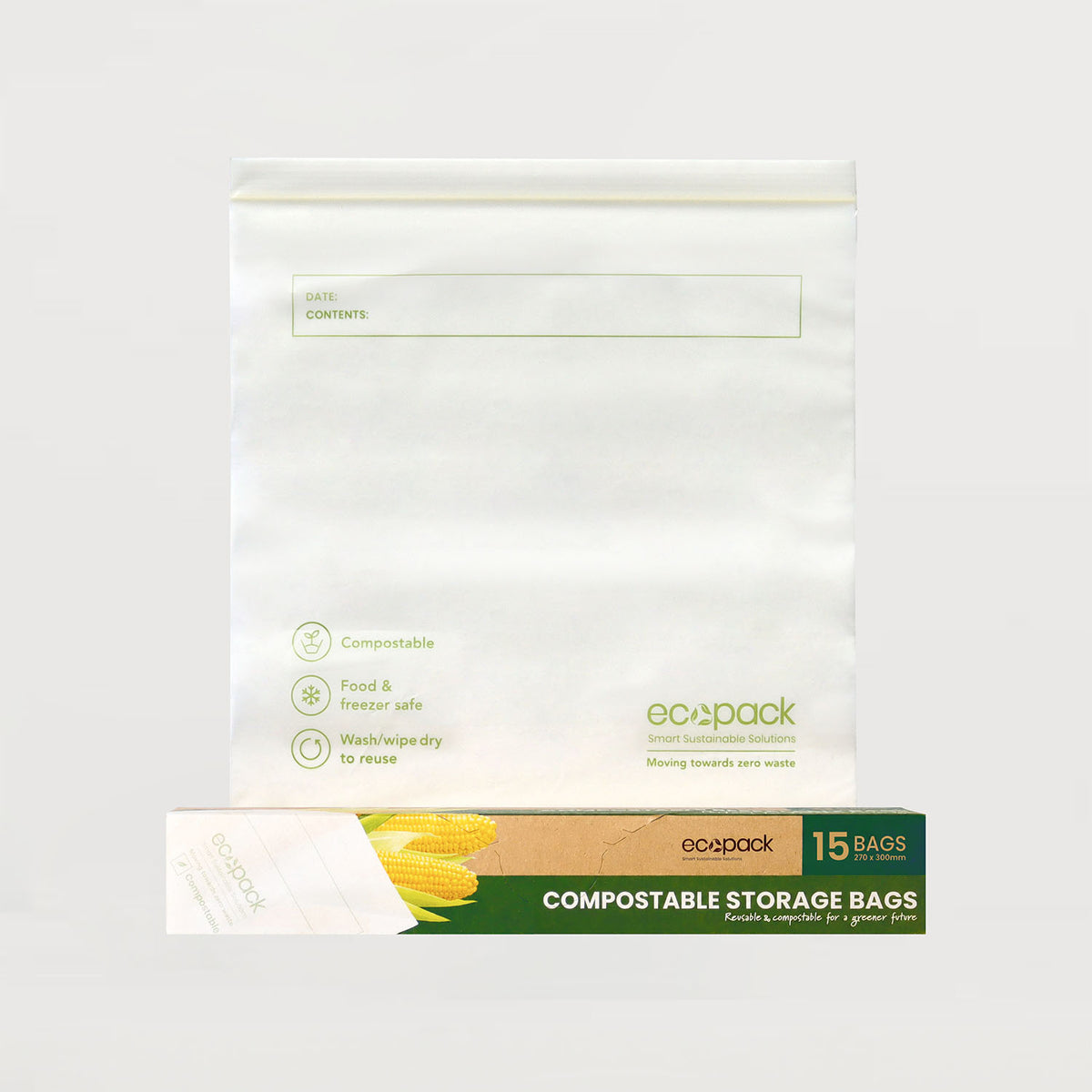 Ecopack compostable resleabale freezer bags open dispenser box