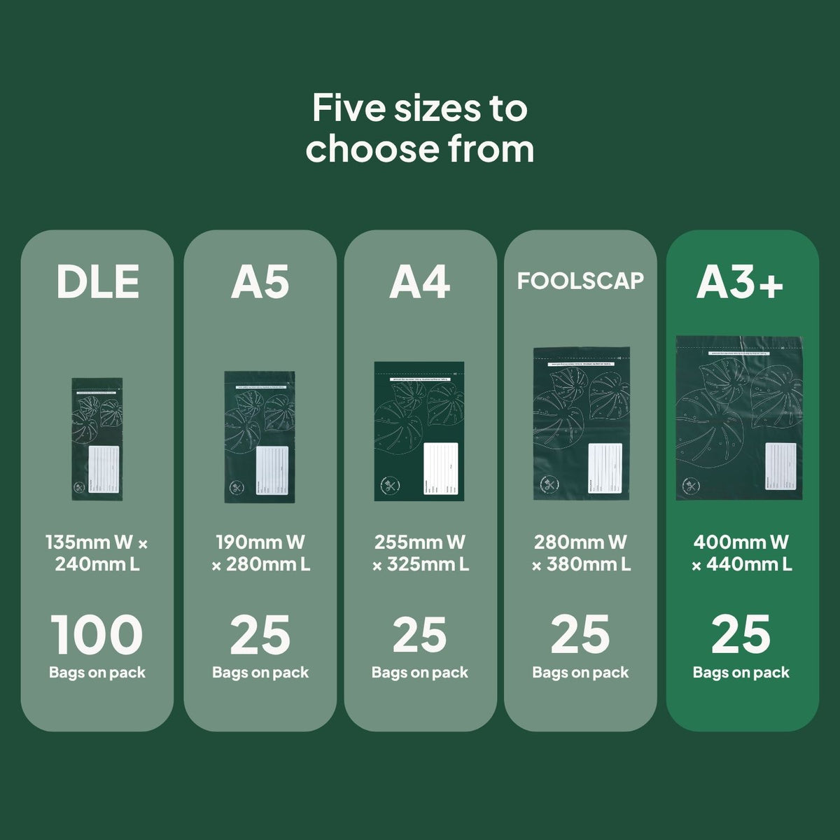 Different Ecopack Compostable Courier Bags Sizes (A3+)