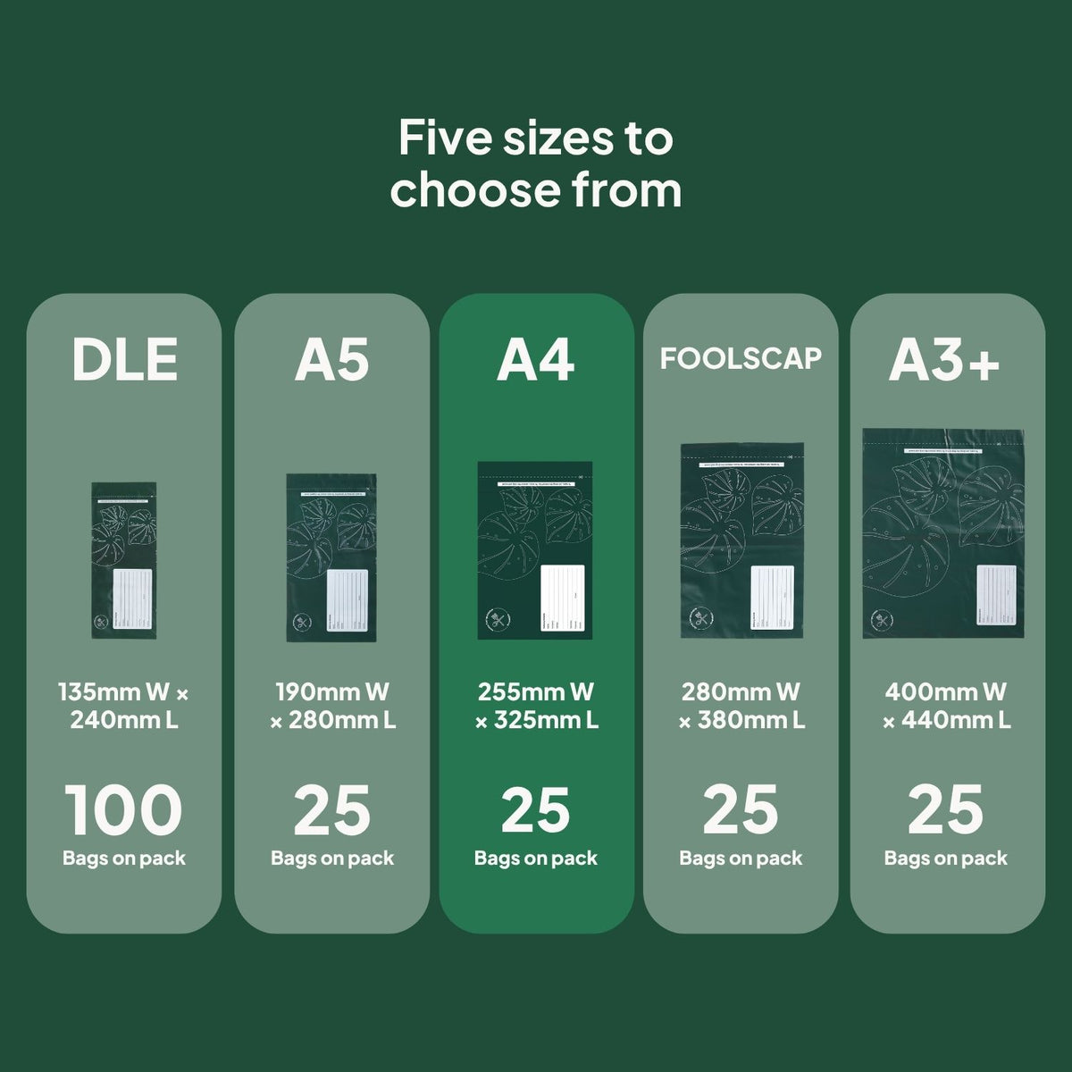 Different Ecopack Compostable Courier Bags Sizes (A4)