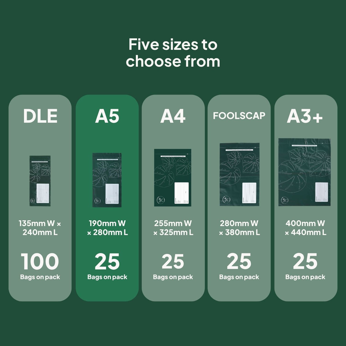 Different Ecopack Compostable Courier Bags Sizes (A5)