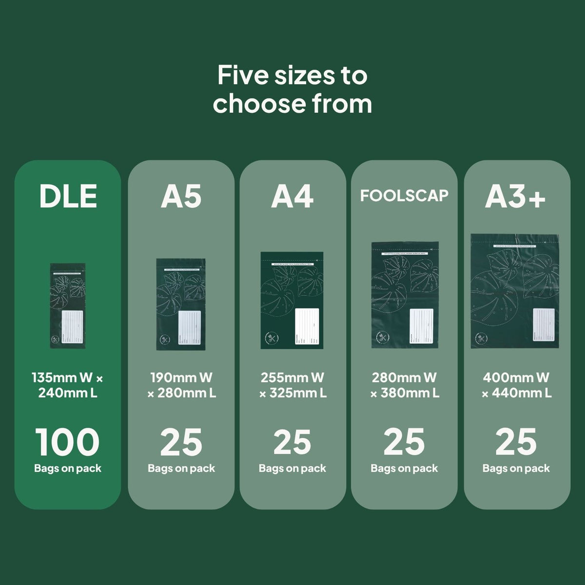 Different Ecopack Compostable Courier Bags Sizes (DLE)