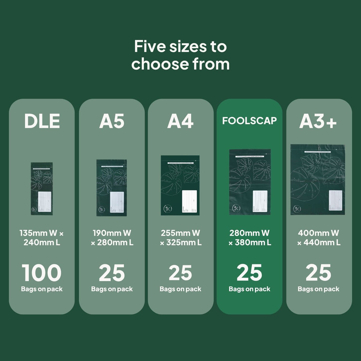 Different Ecopack Compostable Courier Bags Sizes (Foolscap)