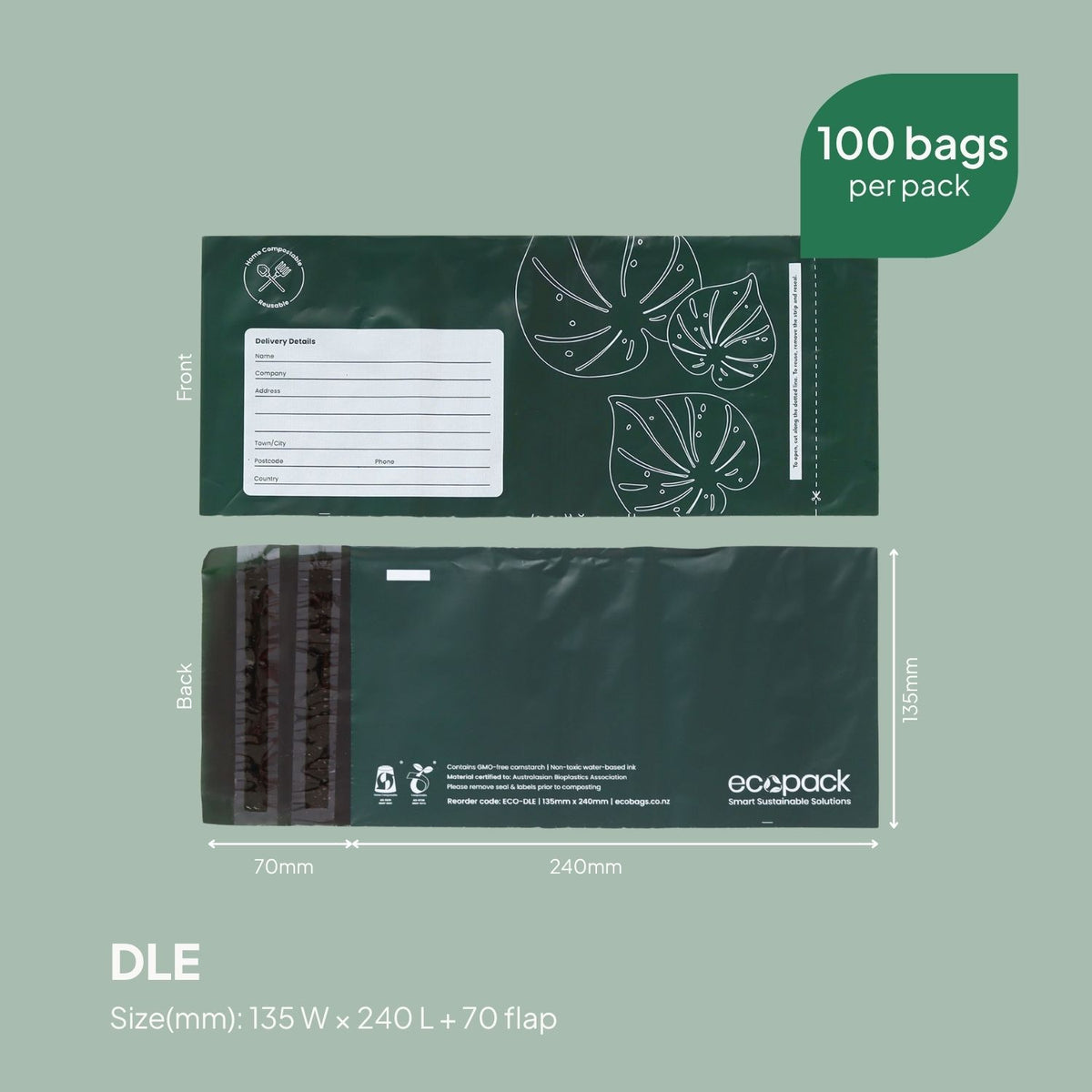 Ecopack DLE Compostable Courier Bags Size