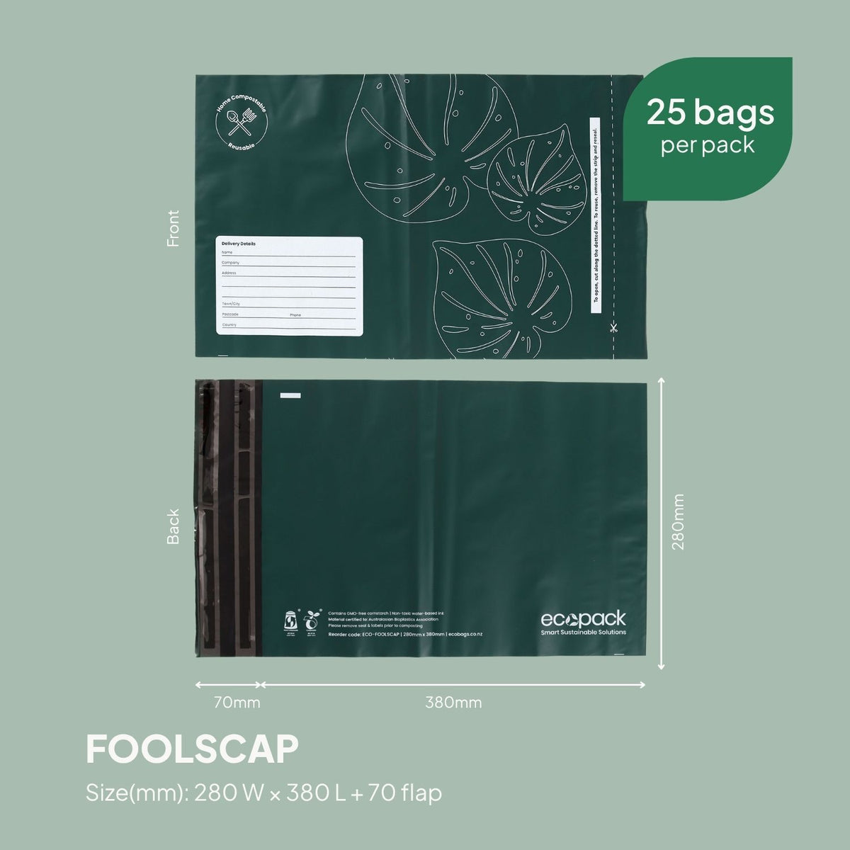 Ecopack Foolscap Compostable Courier Bags Size