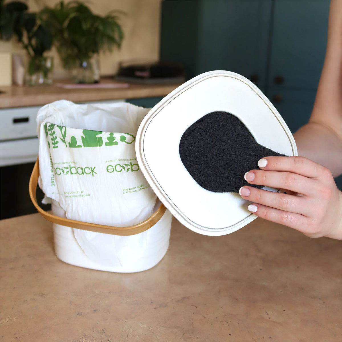 Lid of Ecopack kitchen compost bin showing removable charcoal filter