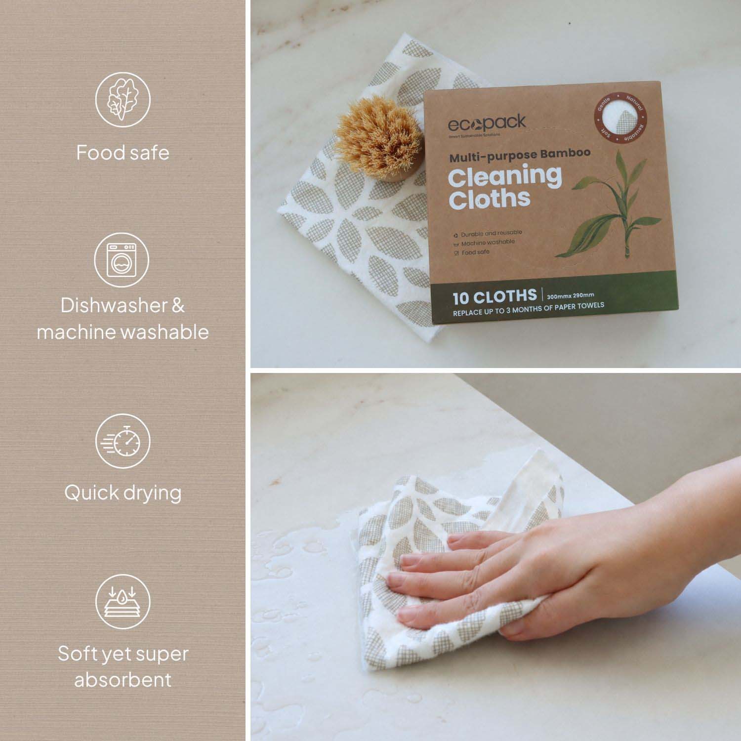 Ecopack multi-purpose bamboo cleaning cloths dispenser box features