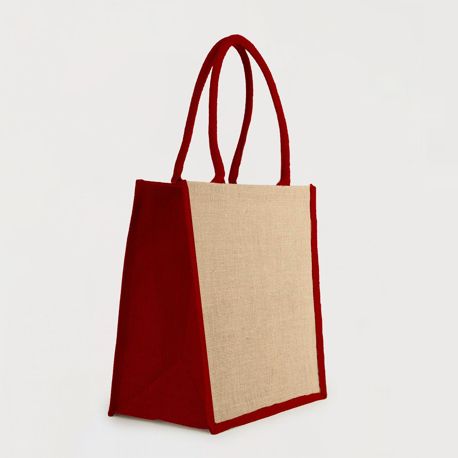 Ecobags Jute Reusable Grocery Bag - Natural with Red Gusset Quarter View
