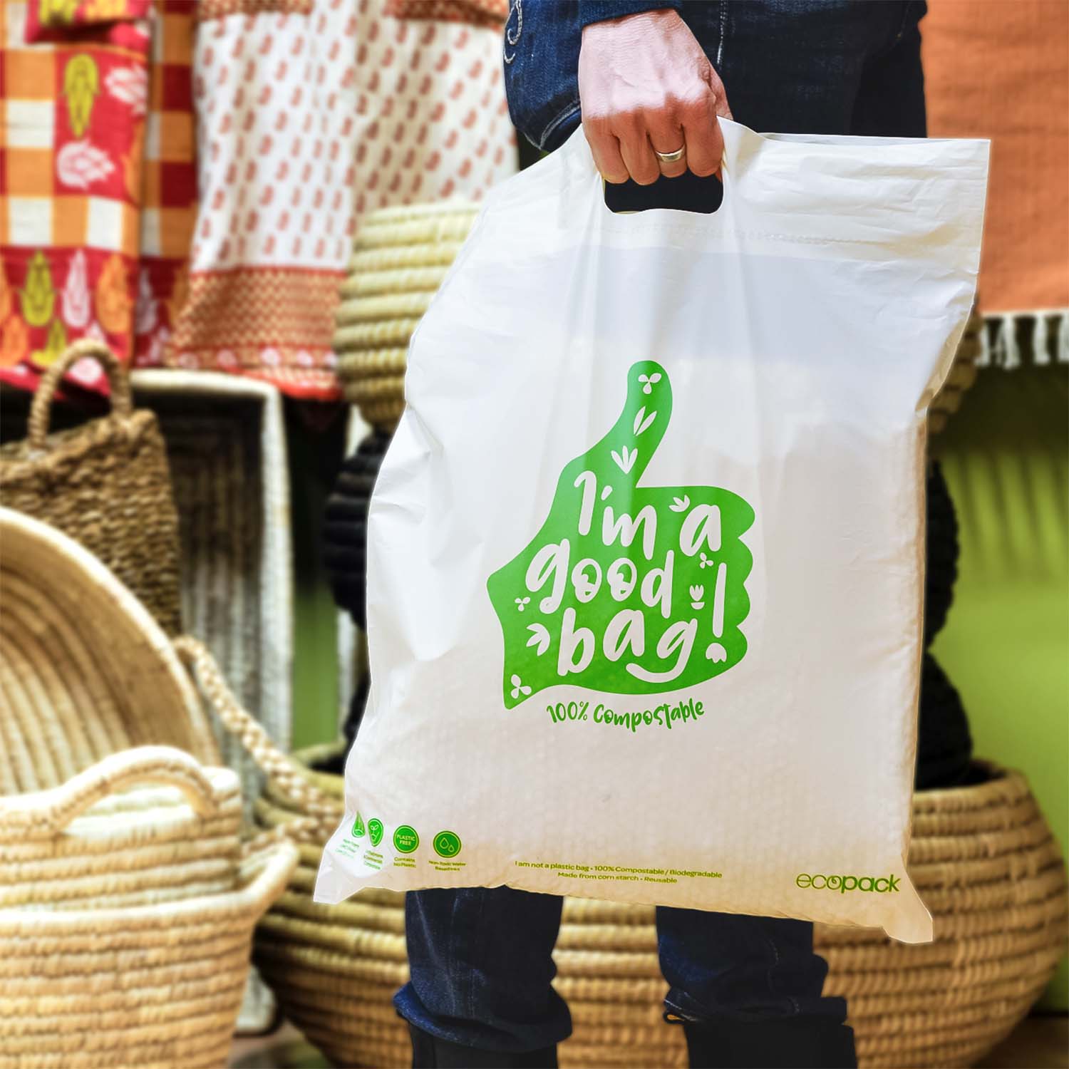 Ecopack Medium Compostable Punched Handle Retail Bag Carrying Bag