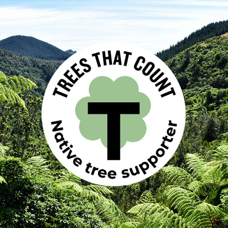 Trees That Count logo on native foliage background