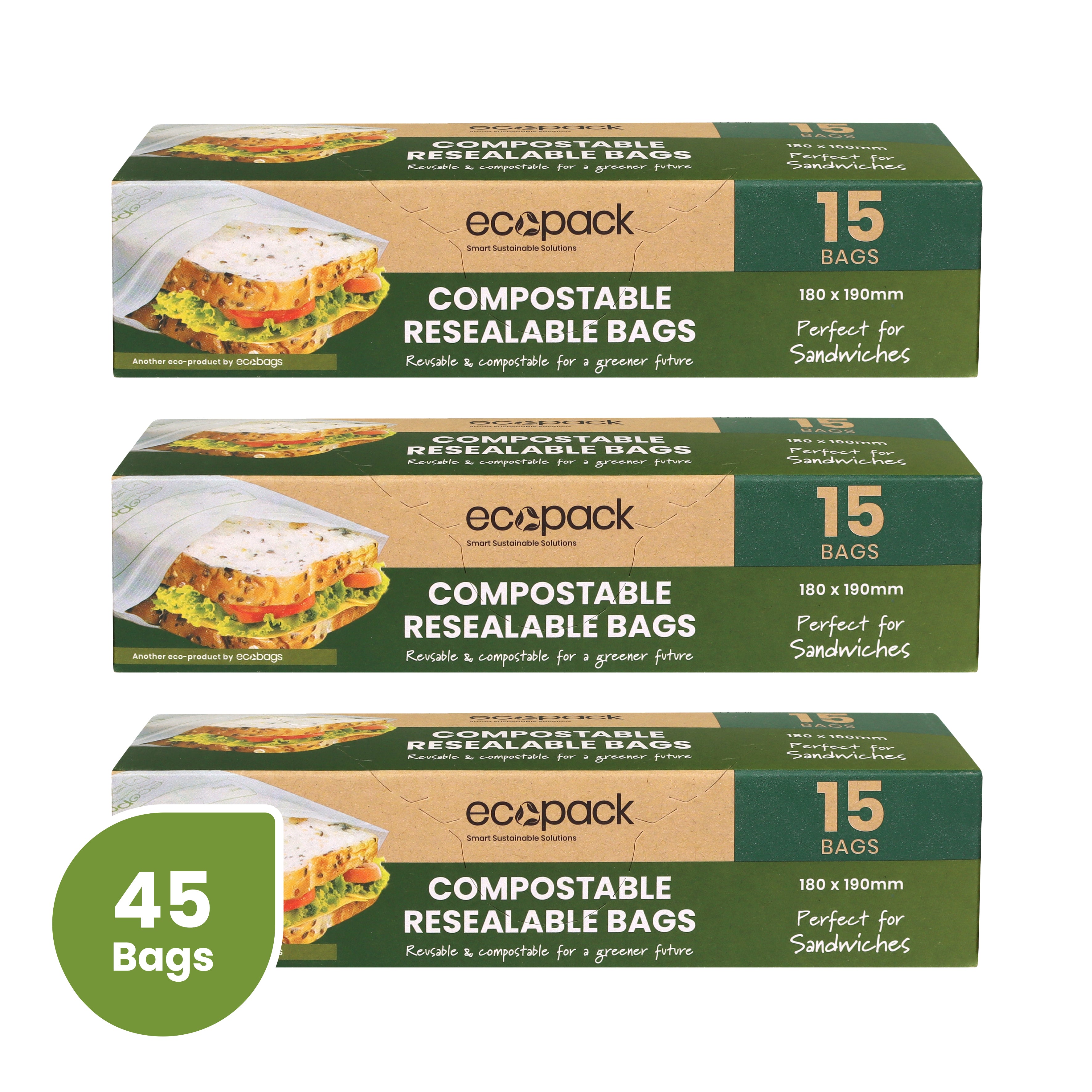 Ecopack Box Ecopack Compostable Resealable Sandwich Bags (3 Boxes/45 Bags) | Ecobags NZ