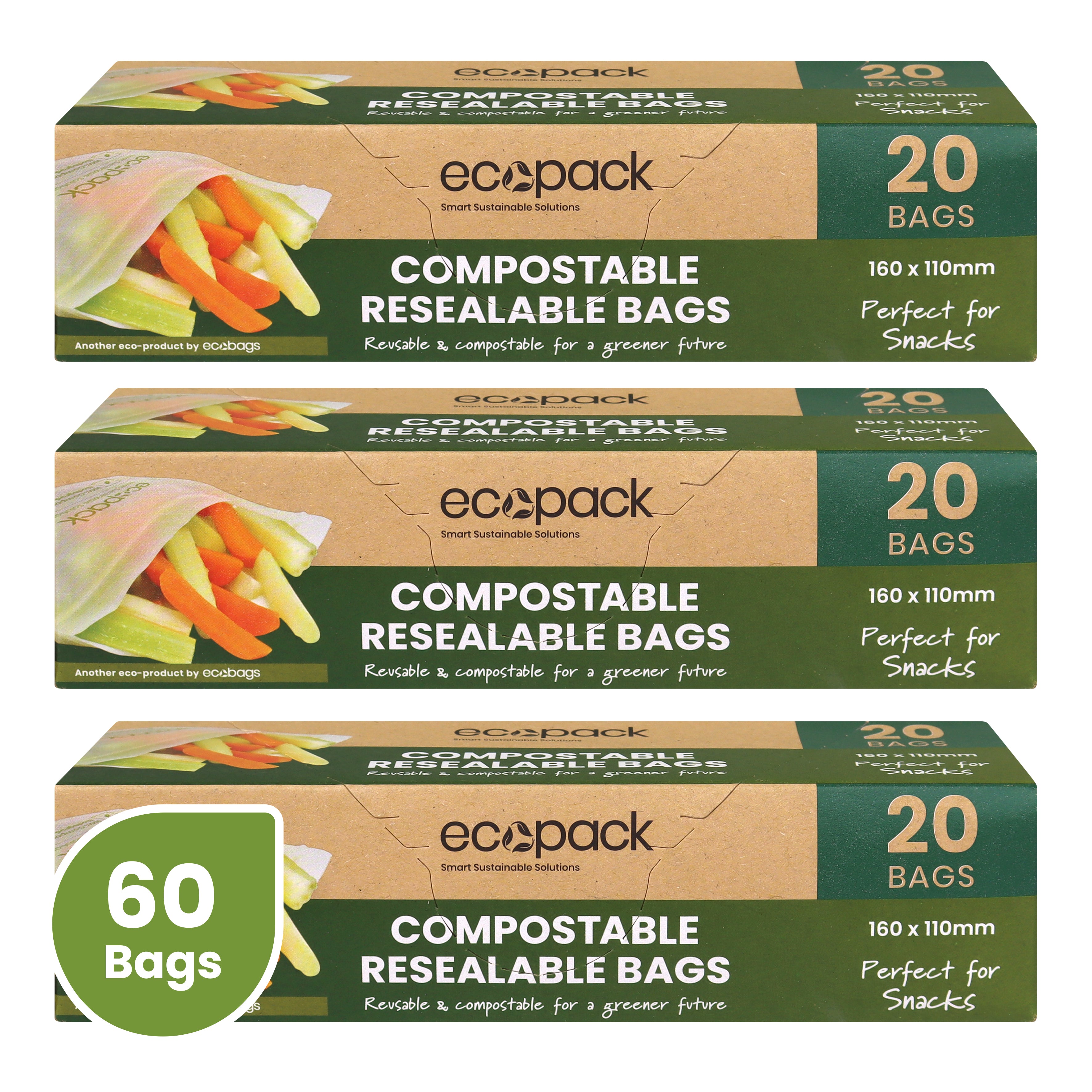 Ecopack Box Ecopack Compostable Resealable Snack Bags (3 Boxes/60 Bags) | Ecobags NZ